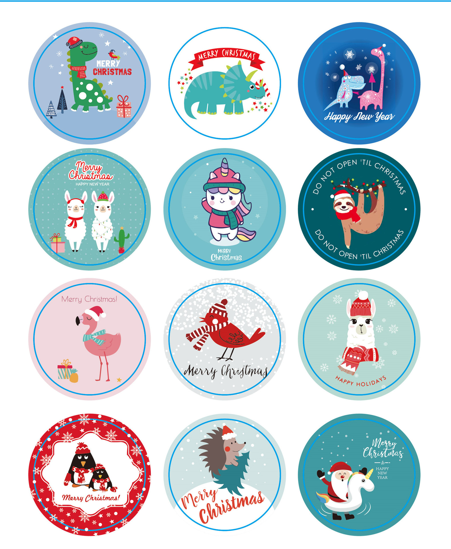 圣诞贴纸 2020圣诞老人恐龙小动物糖果盒饼干袋封口贴 12枚