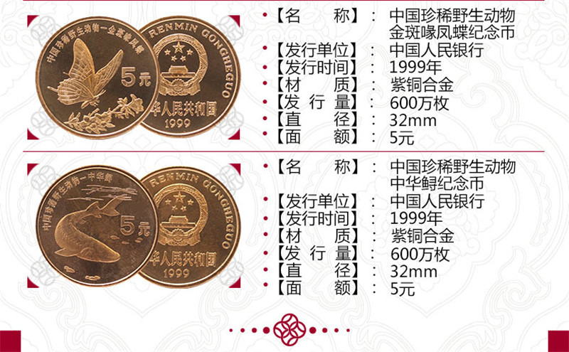 1993-1999年中国珍稀野生动物流通纪念币全套十枚盒装
