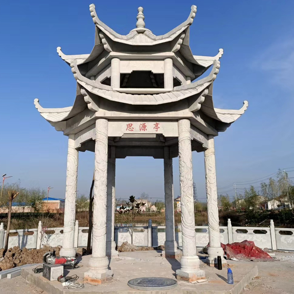 厂家定制晚霞红石雕凉亭 园林古建大理石六角石亭子 户外双层亭子