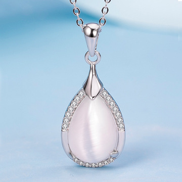 s925银吊坠水滴项坠人工猫眼简约镶钻银坠子银项链银饰品送证书