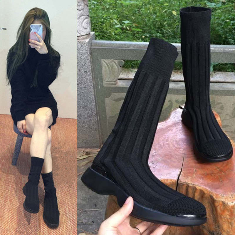 韩版新款平底运动弹力靴秋冬针织袜靴忍者瘦腿圆头厚底女毛线短靴