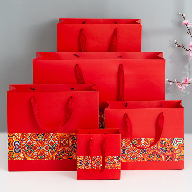 Chinese Style New Year Red Printed Widened Rope Gift Bag Gift Back Hand Paper Bag