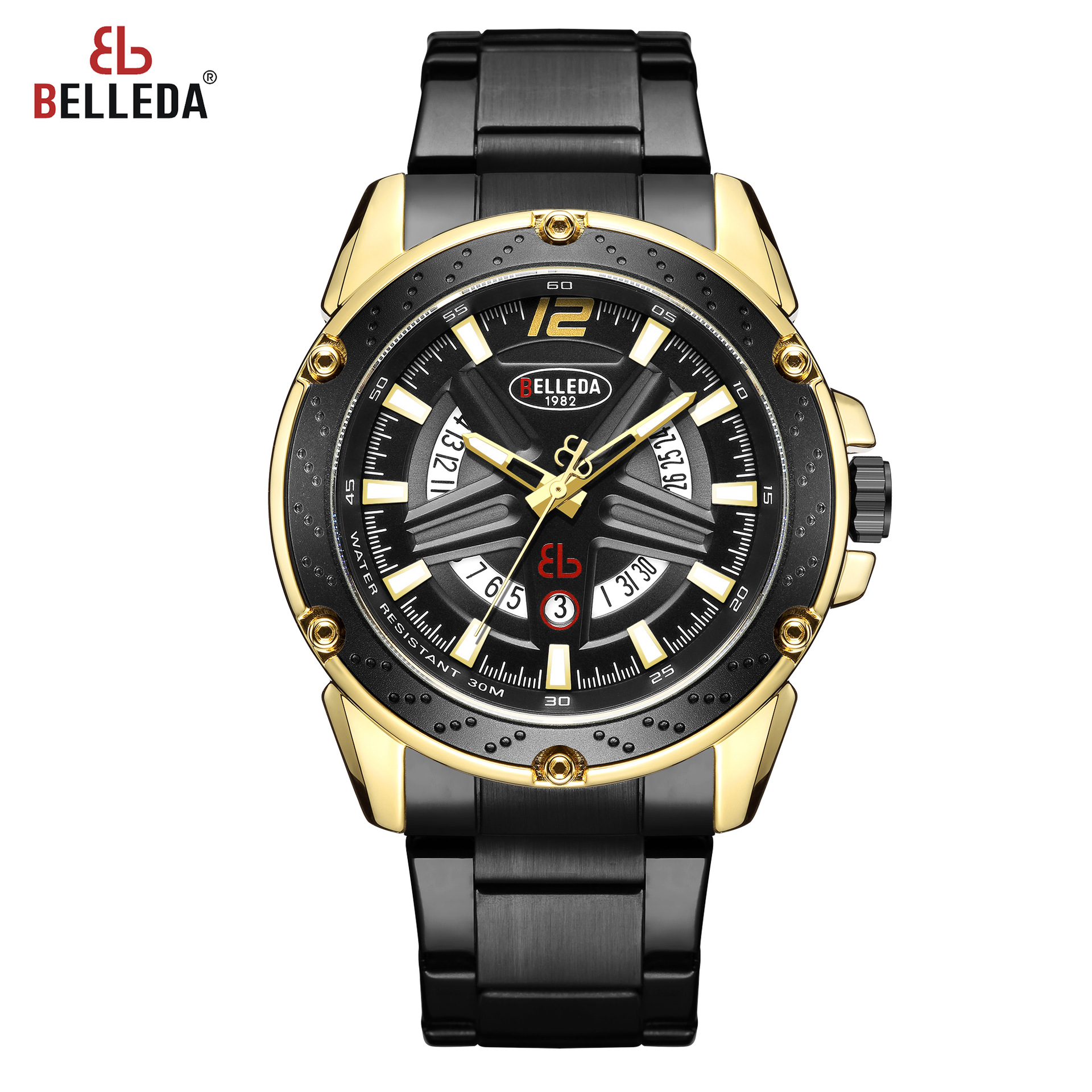 belleda贝尔利达时尚钢带男士手表学生防水手表外贸石英表批发