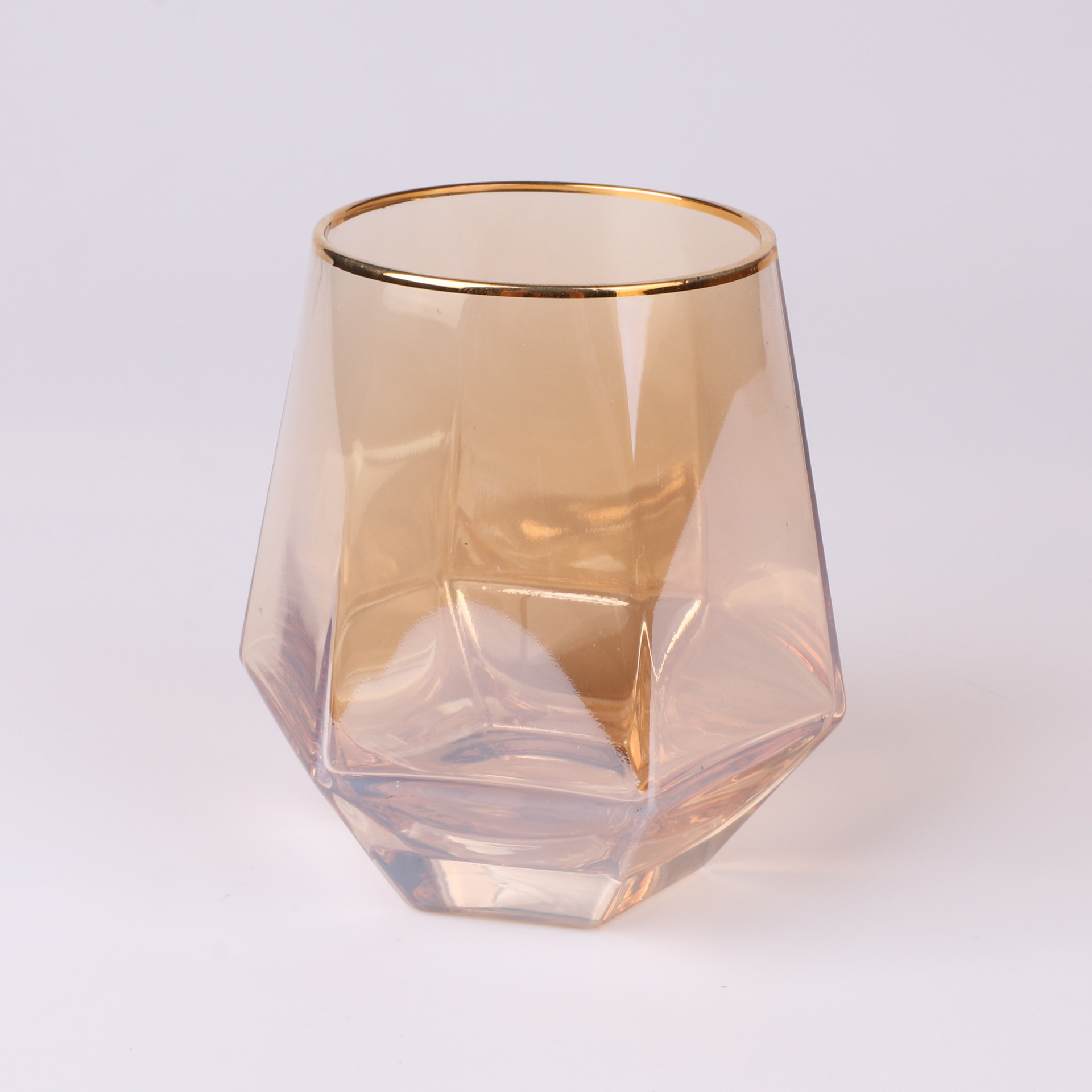 电镀描金六棱玻璃杯家用钻石玻璃水杯威士忌杯几何机制工艺酒具