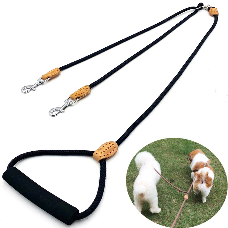 双牵狗牵引绳 一拖二1.2m圆绳两只狗双头钩狗链子 批发一牵二狗绳