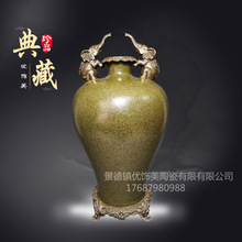 景德镇仿古雕刻铜制茶叶末颜色釉陶瓷花瓶家居装饰客回流一件代发