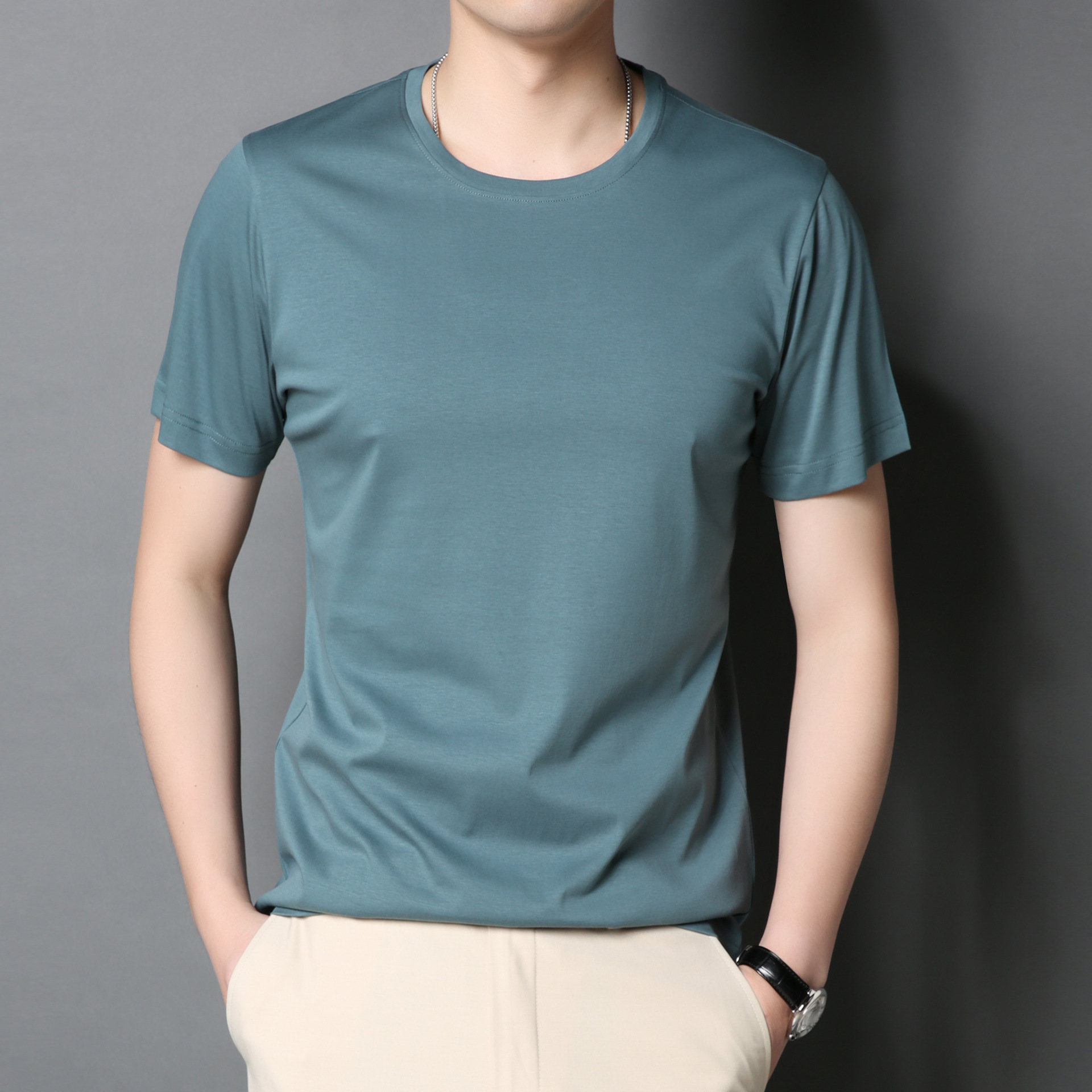 纯色双丝光混纺棉t恤男短袖夏季棉上衣单色净版体桖圆领冰丝t裇衫
