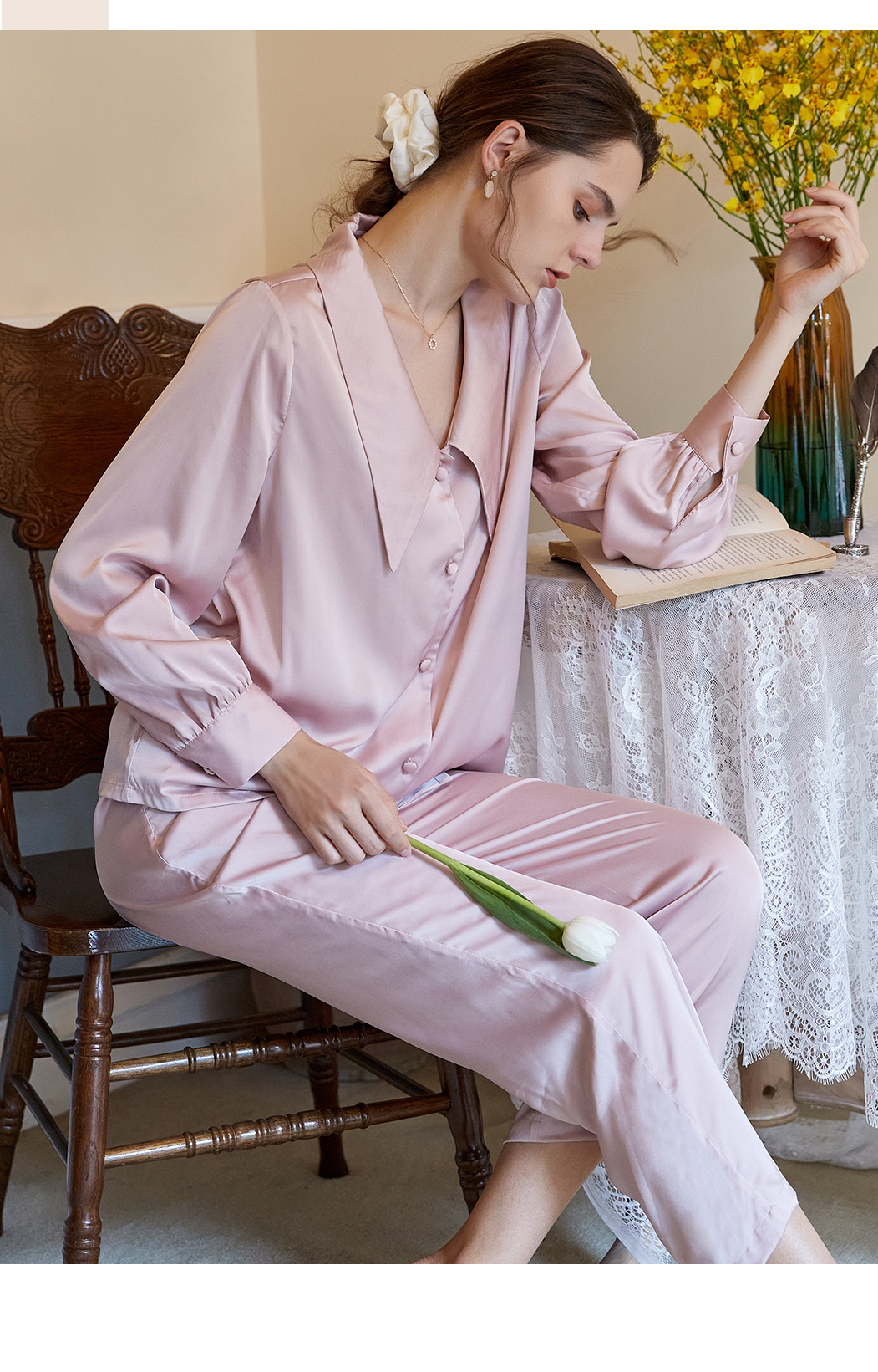 纯色气质衬衫设计感慵懒风复古宫廷欧式冰丝睡衣女套装家居服长袖