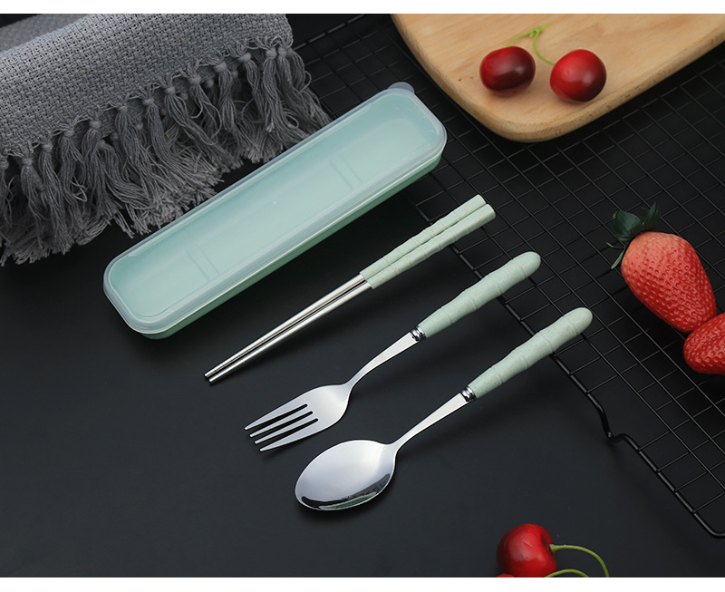 厂家批发 韩式410不锈钢便携餐具户外旅行三件套学生叉勺筷套装