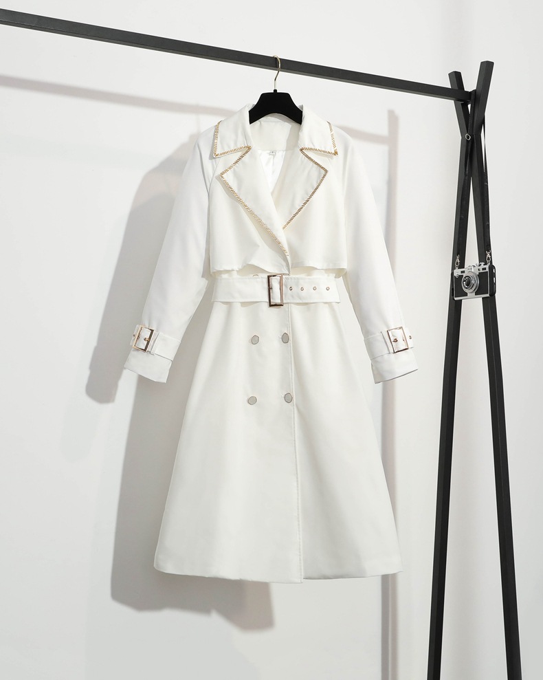 厂家直供 网红同款2021春款冬新款领子重工手工钉珠气场风衣女