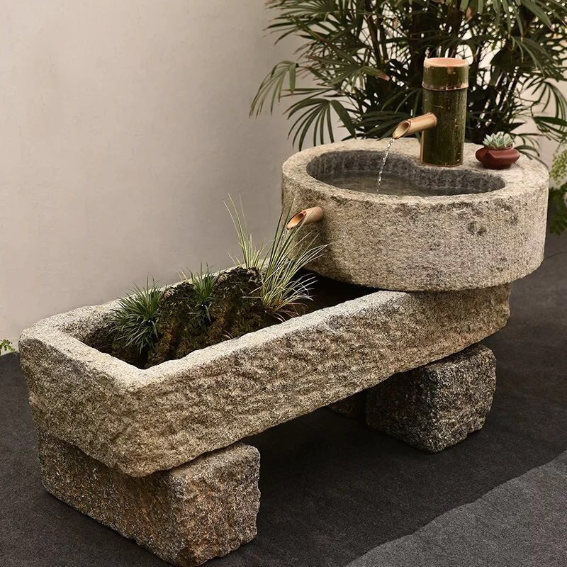 老石槽流水摆件马槽子鱼缸圆形花盆猪马槽民间石器户外庭院摆件