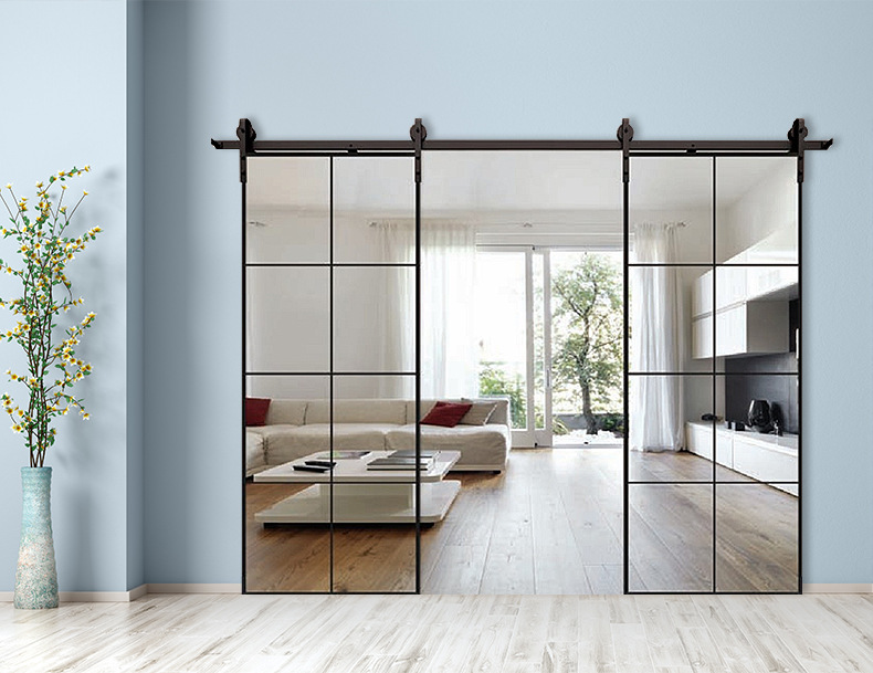 厂家定制 双层钢化玻璃极窄边滑轨谷仓门 合金客厅隔断吊轨推拉门