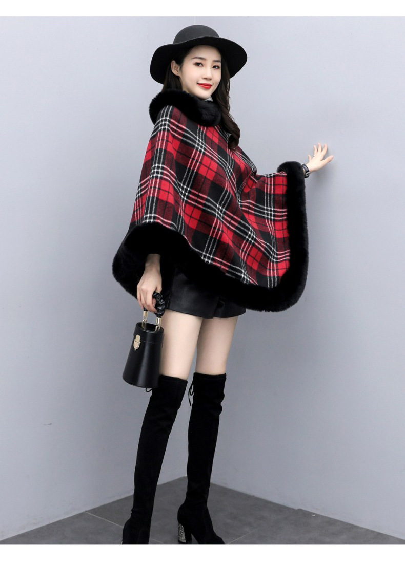 木瓜牛奶冬装新款韩版气质时尚显瘦斗篷加绒加毛斗篷披肩格子外套