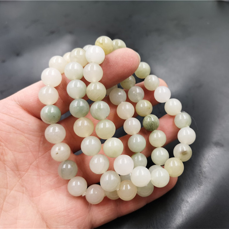 万玉批发天山翠玉圆珠手链10毫米白底青翠玉手串