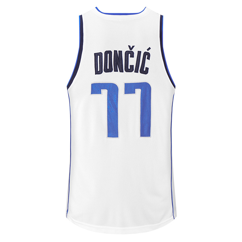 独行侠77号东契奇刺绣网眼球衣夏透气比赛训练篮球服套装蓝白批发