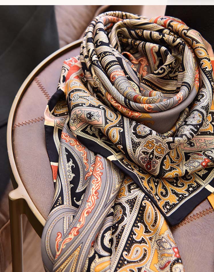 136厘米大方巾腰果花佩斯利腰果花真丝重磅桑蚕丝大披肩丝巾黑金