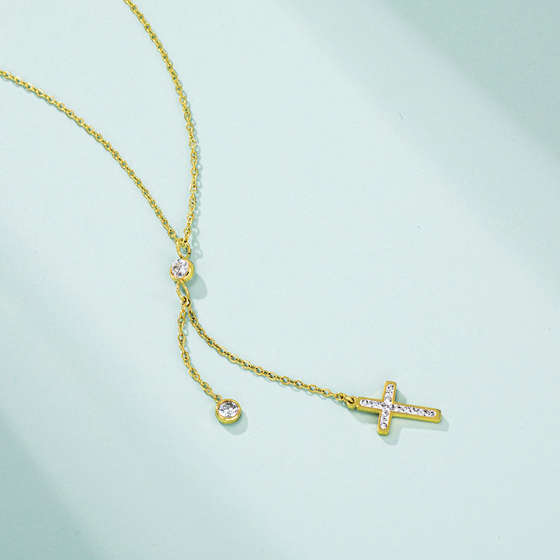 旭平首饰韩国气质流苏十字架项链 日韩ins风v型锁骨链钛钢项链女