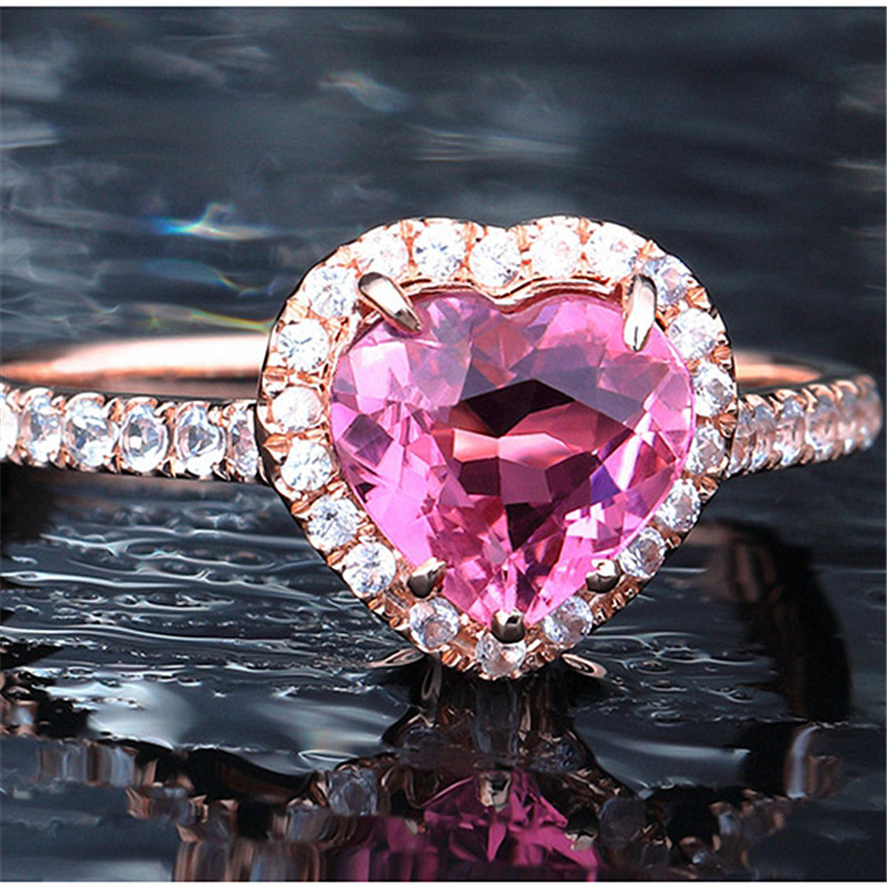 韩版2克拉天然粉红色碧玺心形爱心戒指 镀玫瑰金活口粉钻戒指代发