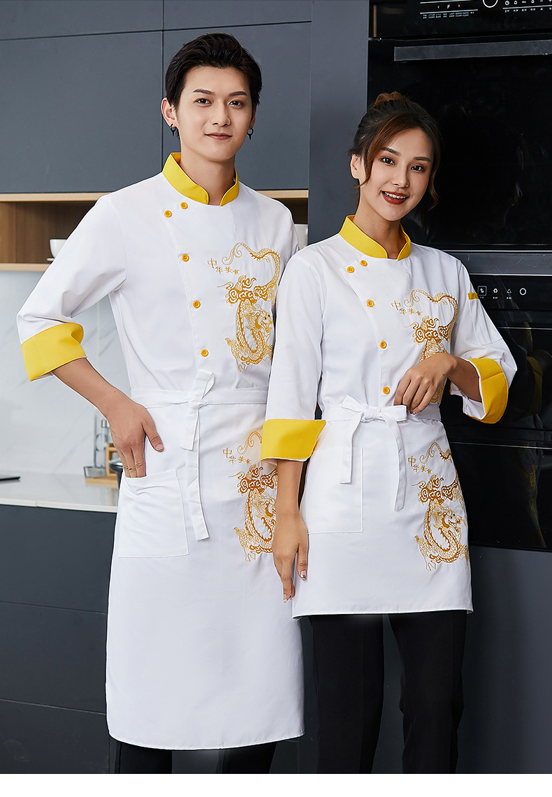 厨师工作服龙袍短袖夏季中式龙厨师长厨房餐饮绣龙厨师服中国风男