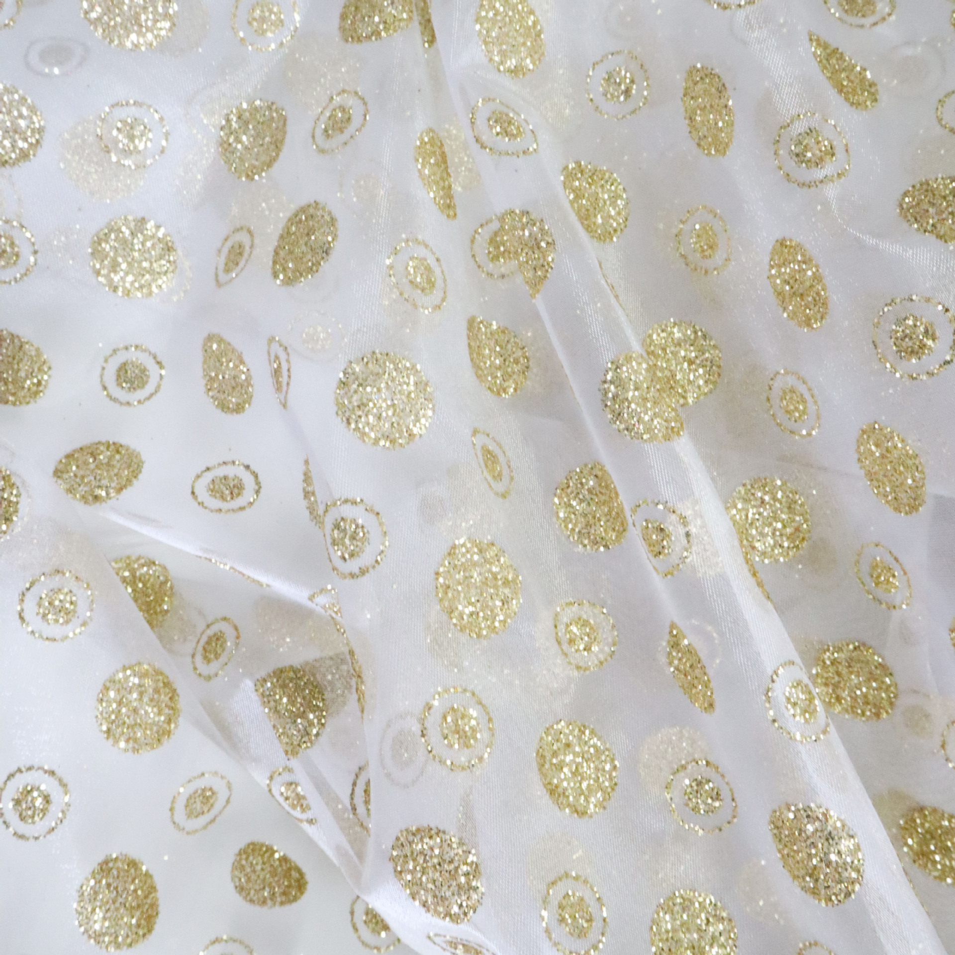 洒金欧根纱 白色纱底 金色大小圆形图案 女装服饰面料 装饰面料