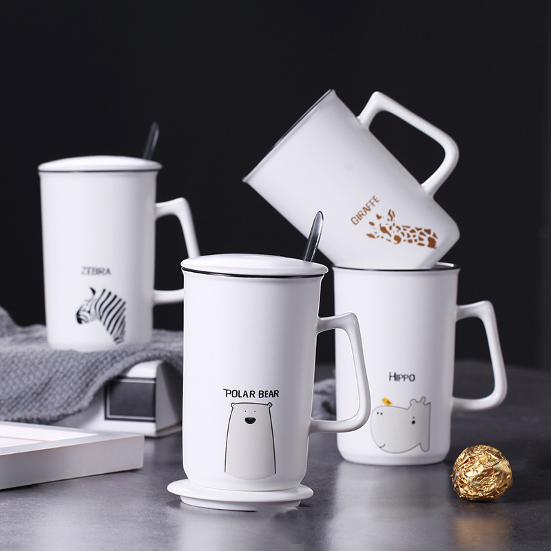 陶瓷杯创意马克杯黑色口边卡通学生杯子带盖带勺办公室咖啡杯定制