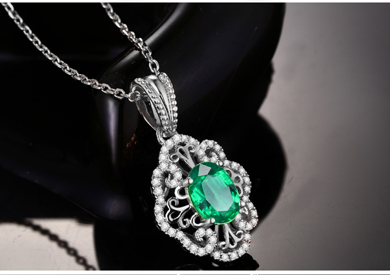 新款高端椭圆形镂空宫廷款祖母绿宝石吊坠女 气质锁骨链开口戒指