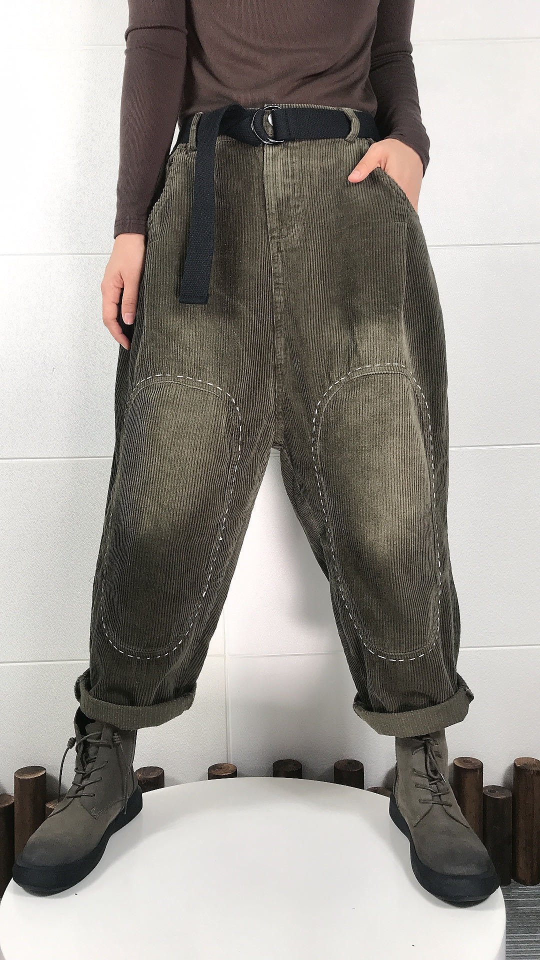 休闲文艺复古明线灯芯绒掉档裤女宽松大码百搭显瘦个性哈伦风裤子