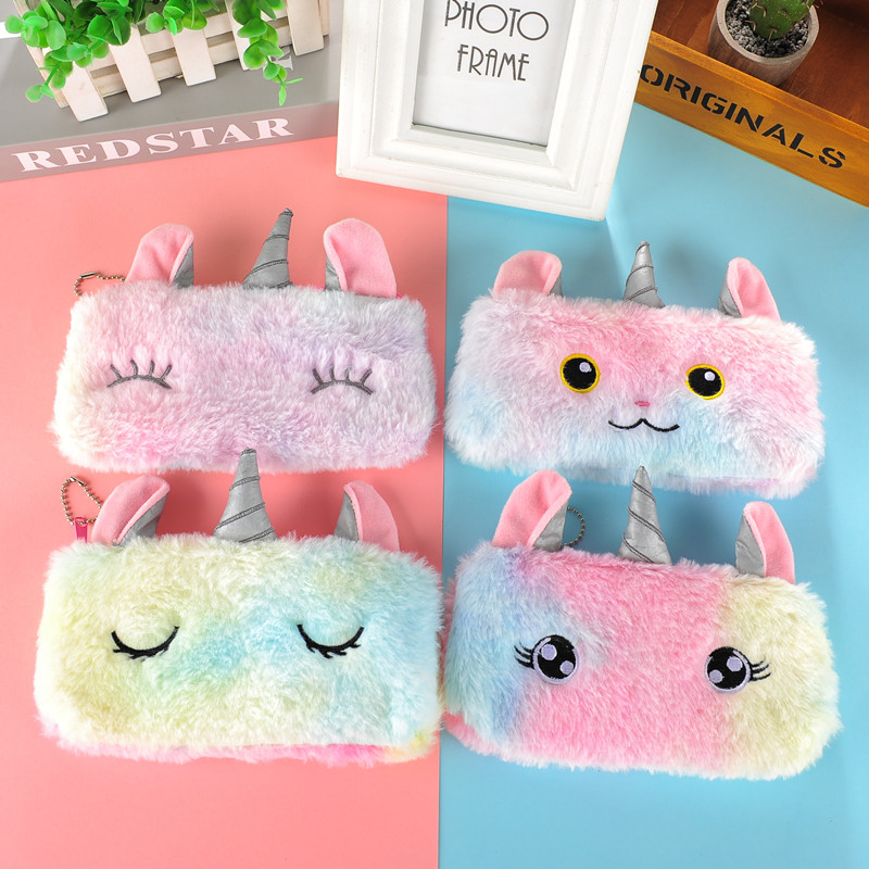 Cross-Border Cute Laser Unicorn Plush Large Capacity Pencil Case Student Stationery Bag Buggy Bag Factory Wholesale