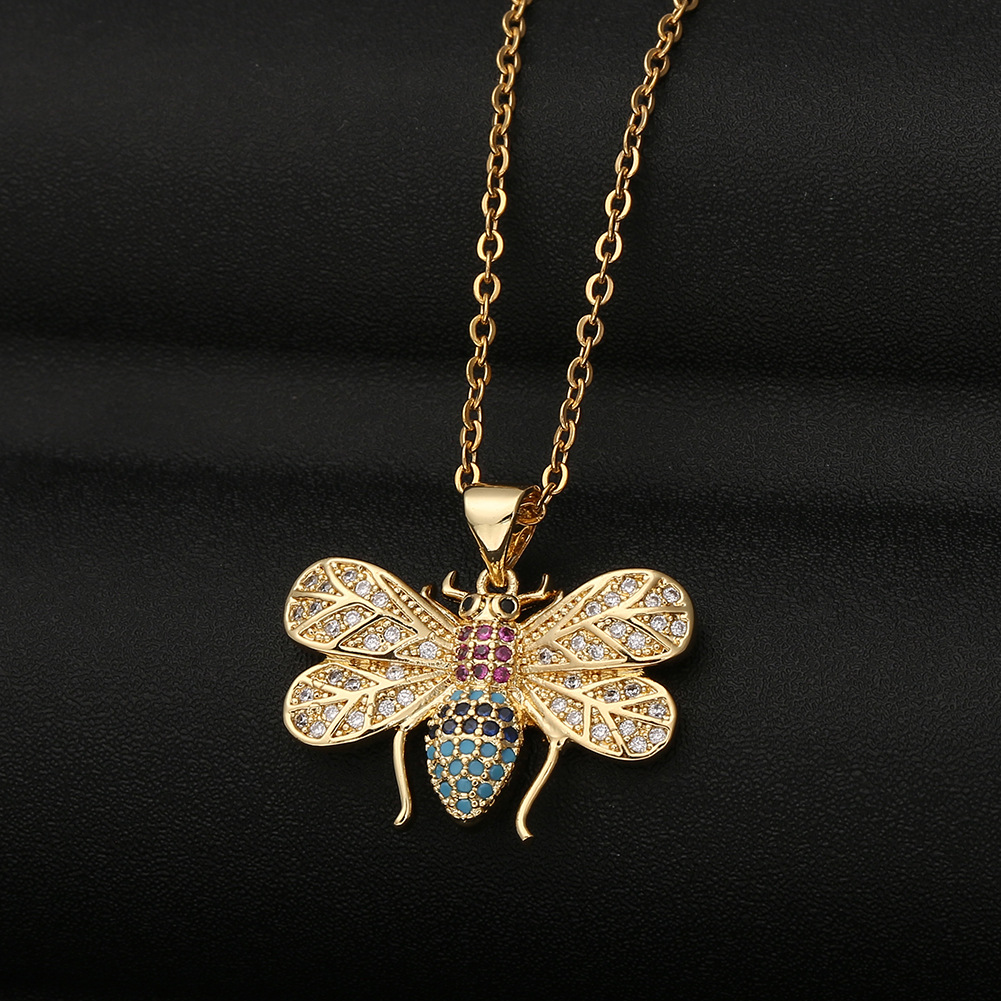 鸿玺 亚马逊可爱昆虫蜜蜂铜镶锆项链女 欧美时尚百搭精美项坠饰品