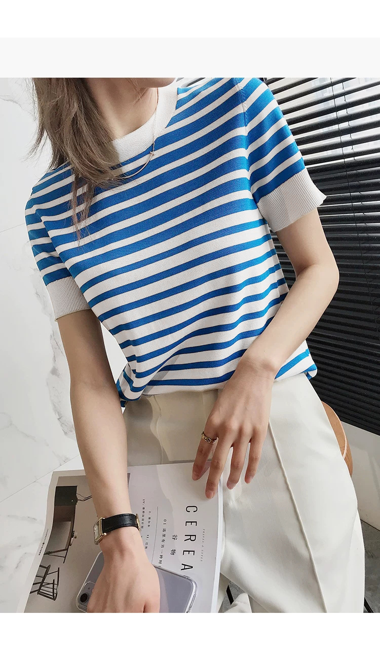 海军风 蓝色显瘦百搭冰丝条纹海魂衫t恤衫女春夏新