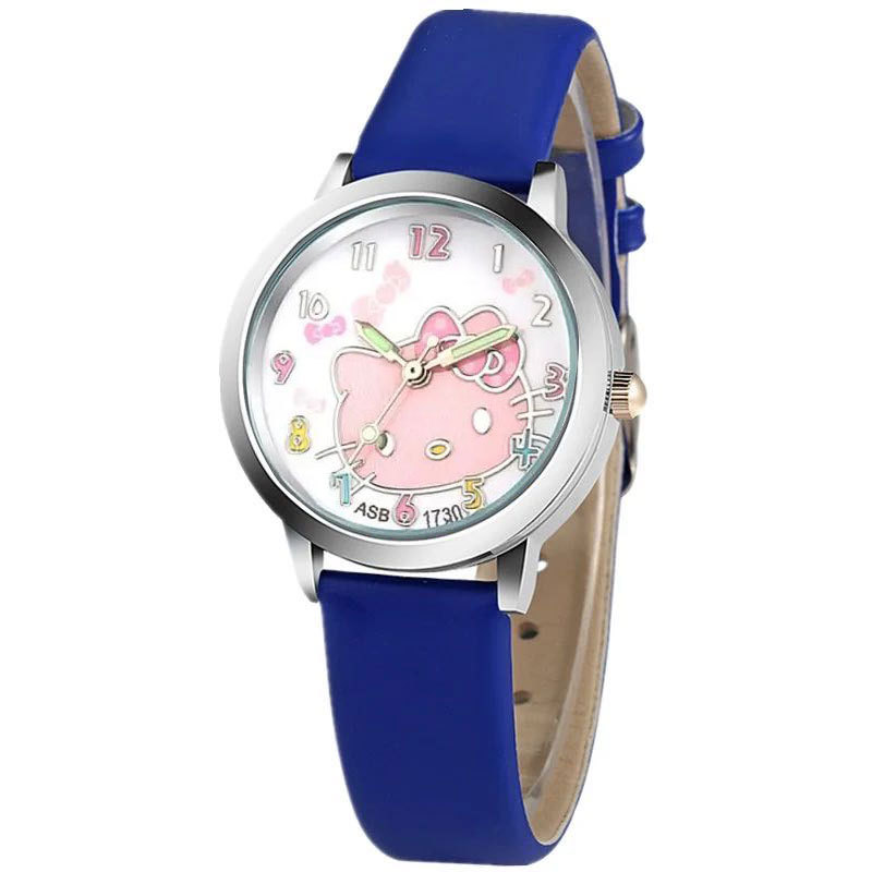 可爱男女孩学生手表儿童卡通手表米奇kt猫款腕表皮质带合金壳夜光