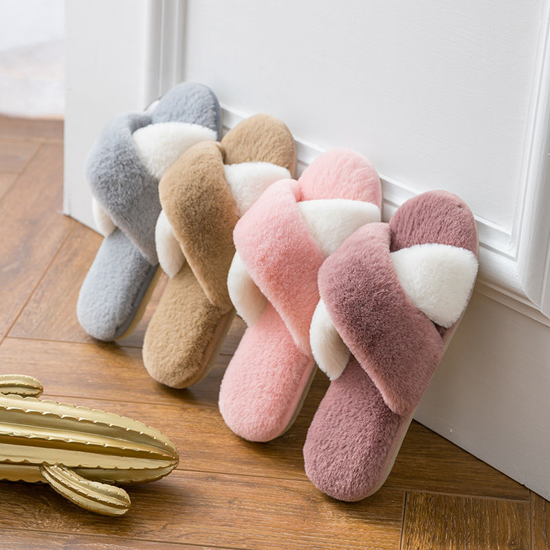2020秋冬韩版ins少女心草莓交叉防滑女士厚底家居家外穿毛毛拖鞋