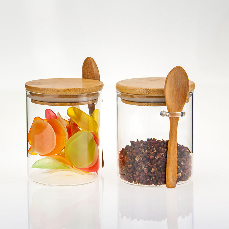 round Glass Sealed Jar with Spoon Glass Transparent Cruet Set with Spoon Kitchen Coarse Cereals Dried Fruit Storage Bottle