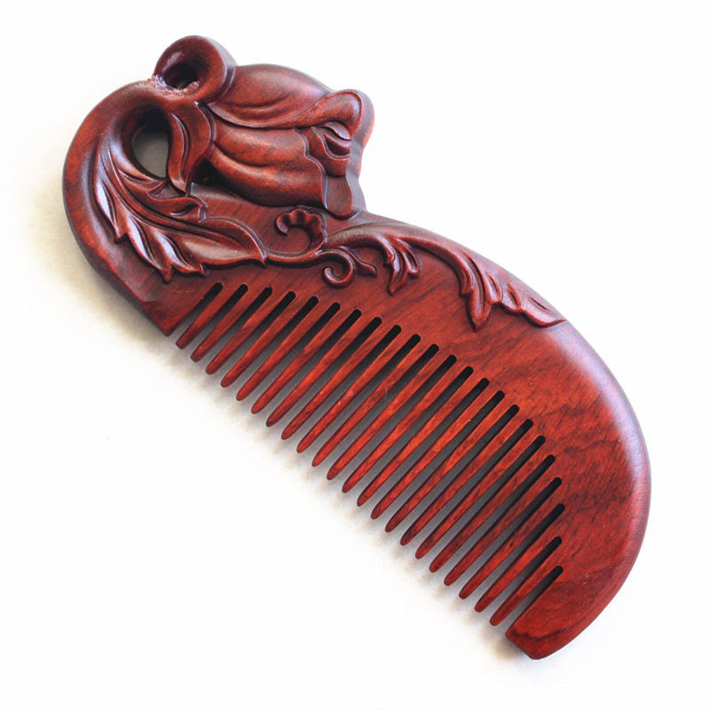 紫檀木梳子雕花复古工艺品木梳檀木短款细齿荷花送礼定制刻字梳子