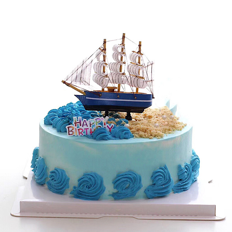 欧式帆船蛋糕装饰摆件创意海洋配件帆船主题生日一帆风顺木质小船
