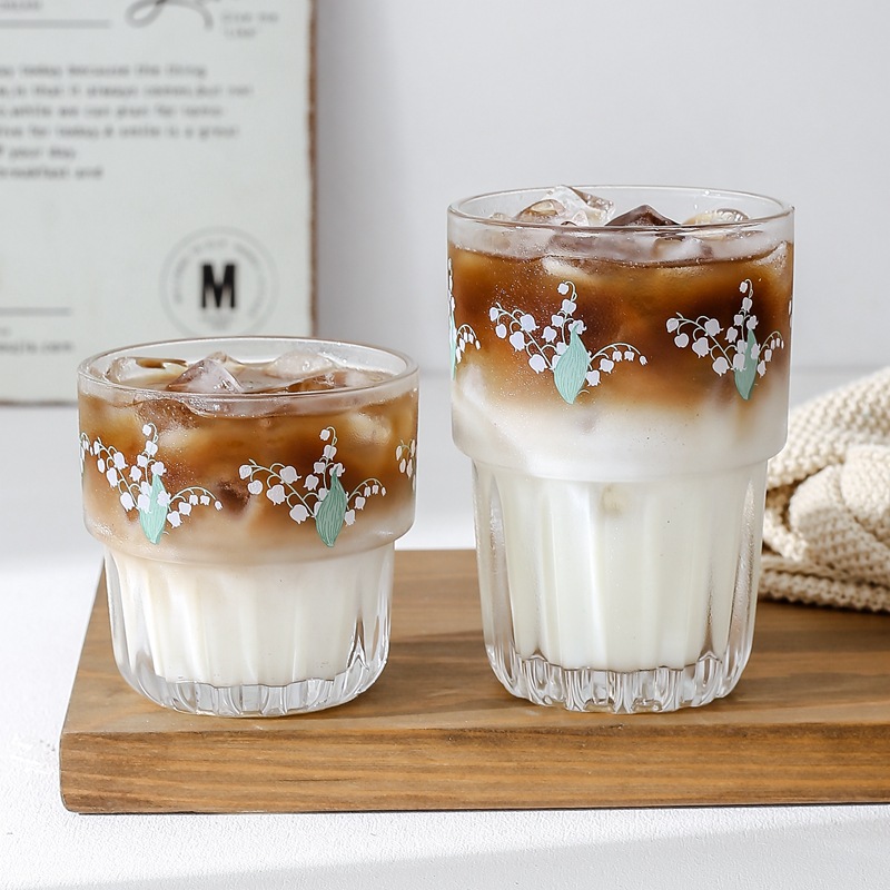 Linglan Flower Cup Korean Ins Style Iced Coffee Cup Glass Fresh Girl Heart Cola Milky Tea Cup Stackable