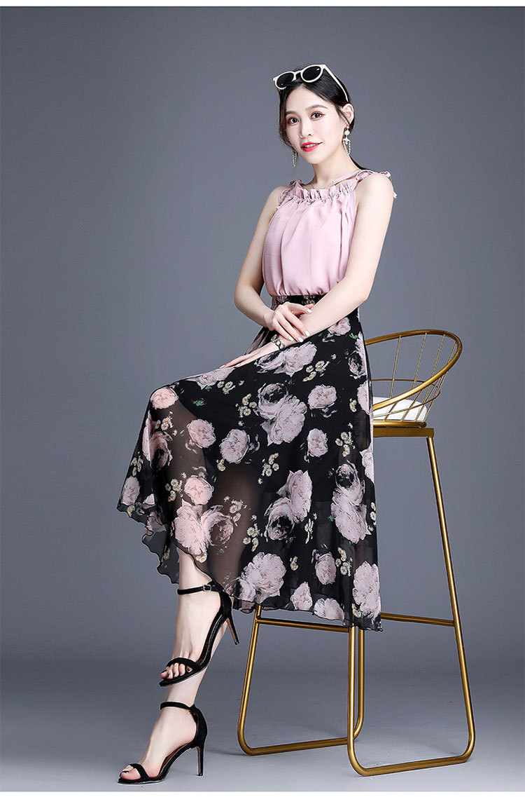 雪纺半身裙中长款伞裙女夏松紧腰中年跳舞妈妈裙a字过膝长裙