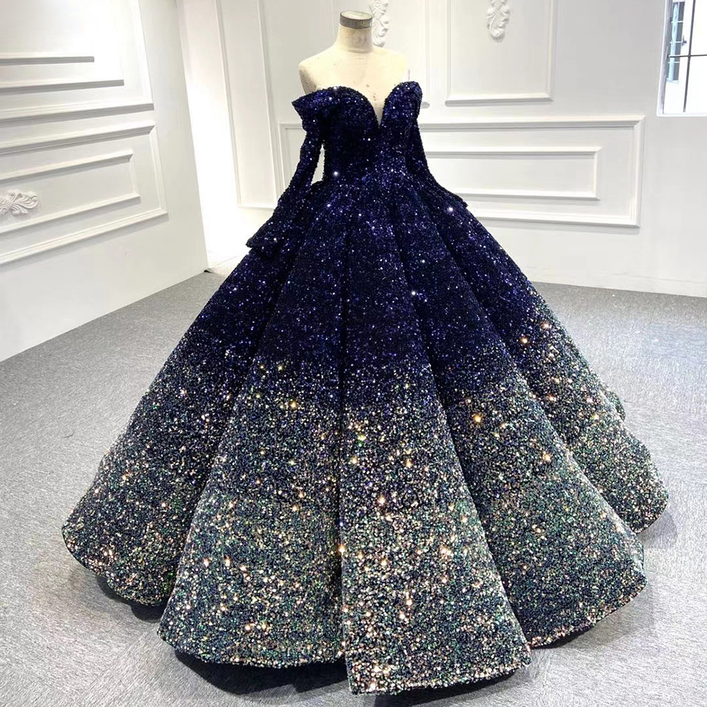 跨境婚纱礼服2020新娘一字肩长袖欧美宫廷公主梦幻蓬蓬裙外贸货源