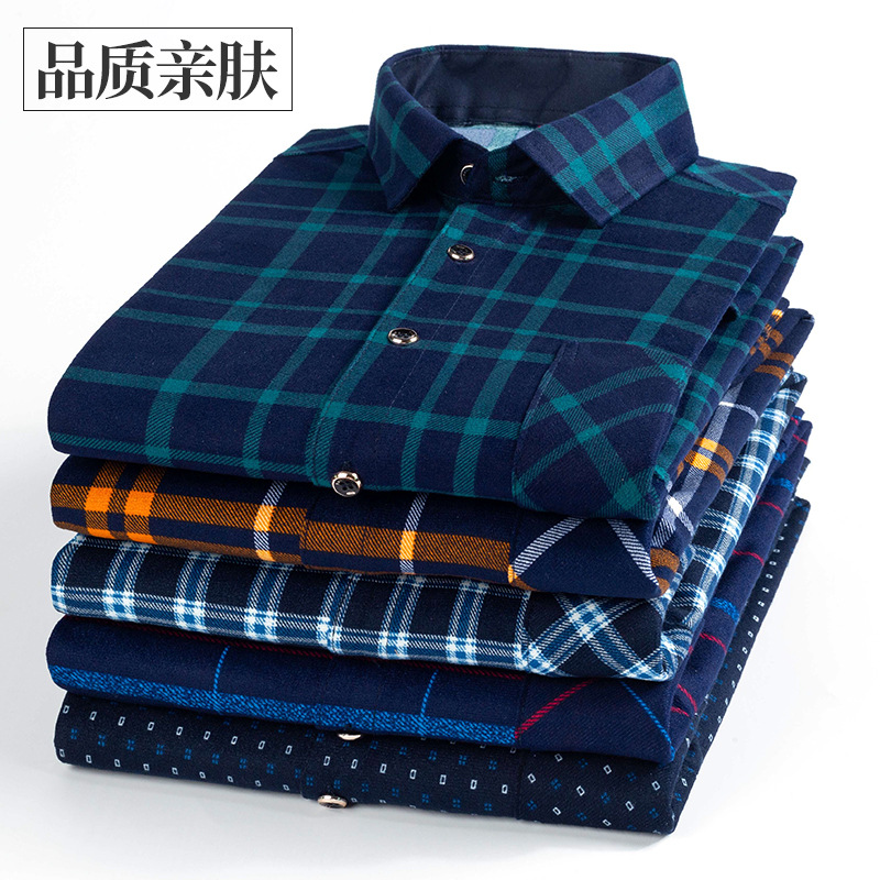 Spring and Autumn New Men's Loose Long-Sleeved Shirt Young and Middle-Aged Plaid Leisure Iron-Free Printed Thin Shirt Men's Wholesale