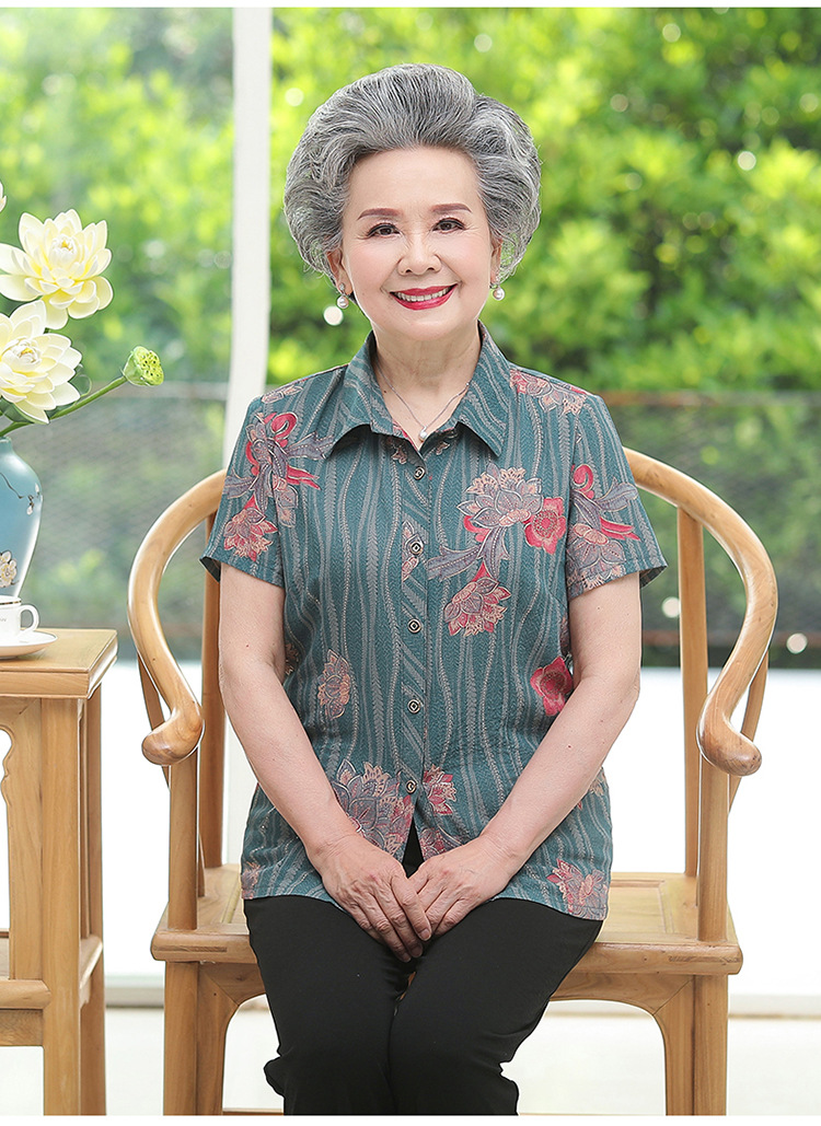 奶奶装夏装短袖衬衫t恤翻领洋气上衣60-70岁老年人夏季女妈妈衣服