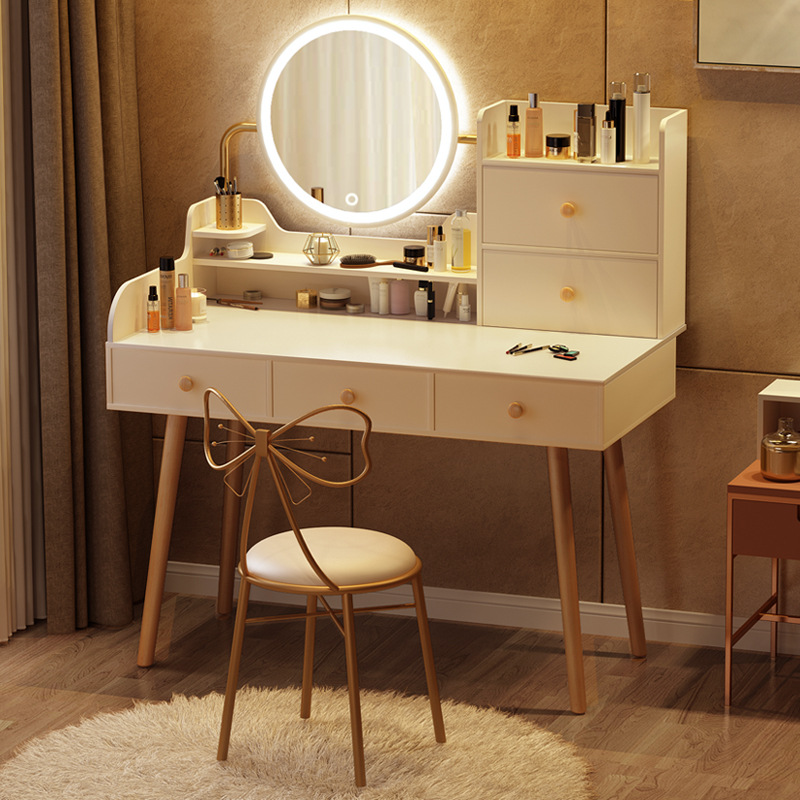 梳妆台卧室北欧ins简约现代小户型网红书女化妆桌收纳柜一体带灯