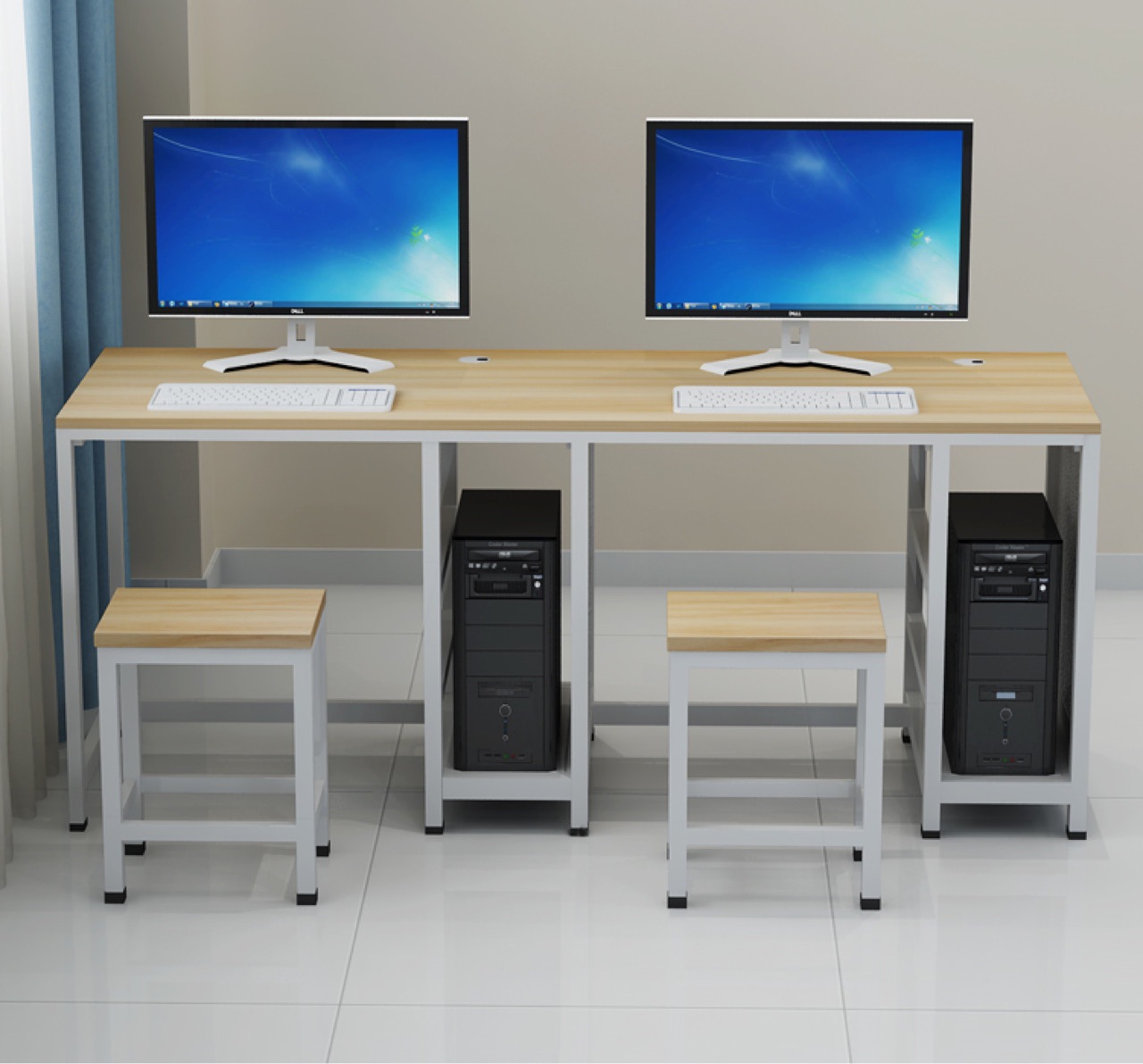 机房双人电脑桌 微机室钢架桌 多人学习桌椅台式桌简易办公桌