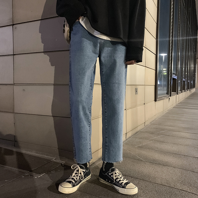 Autumn and Winter New Jeans Men's Korean Loose Retro Teen Trend Chic All-Matching Straight Cropped Pants