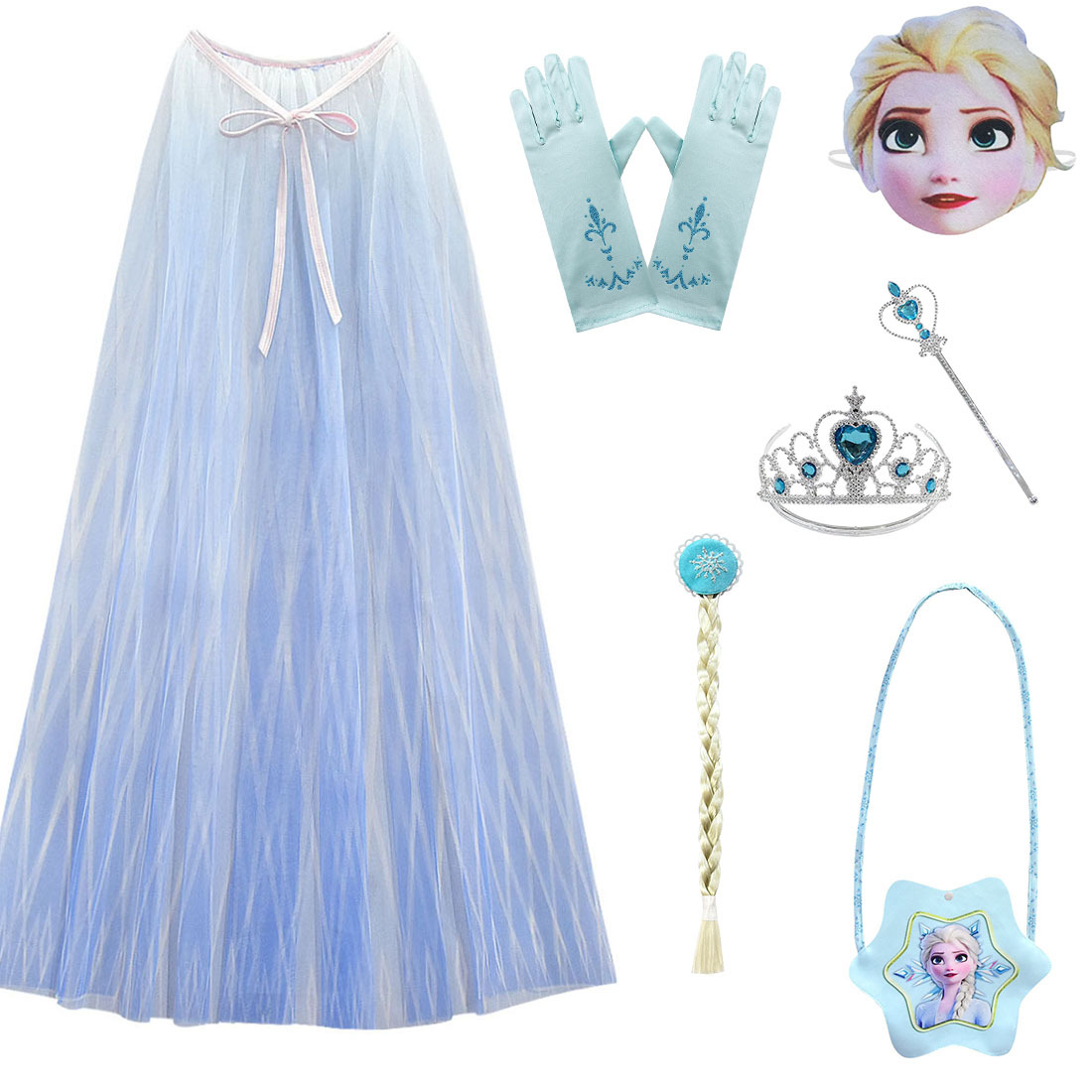 跨境现货 cosplay 艾莎 披风 冰雪奇缘2 网纱面具假发多件套211