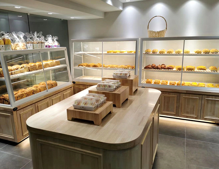 新款高档面包柜 靠墙玻璃西点货架 超市木质烘培店蛋糕饼干展示架
