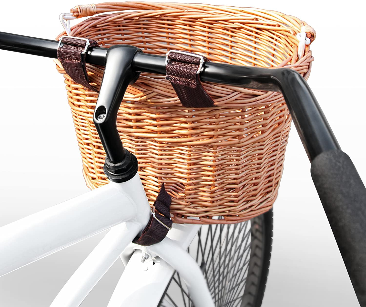 前车把柳条自行车篮货物皮革肩带自行车篮收纳筐可拆卸三扣车筐