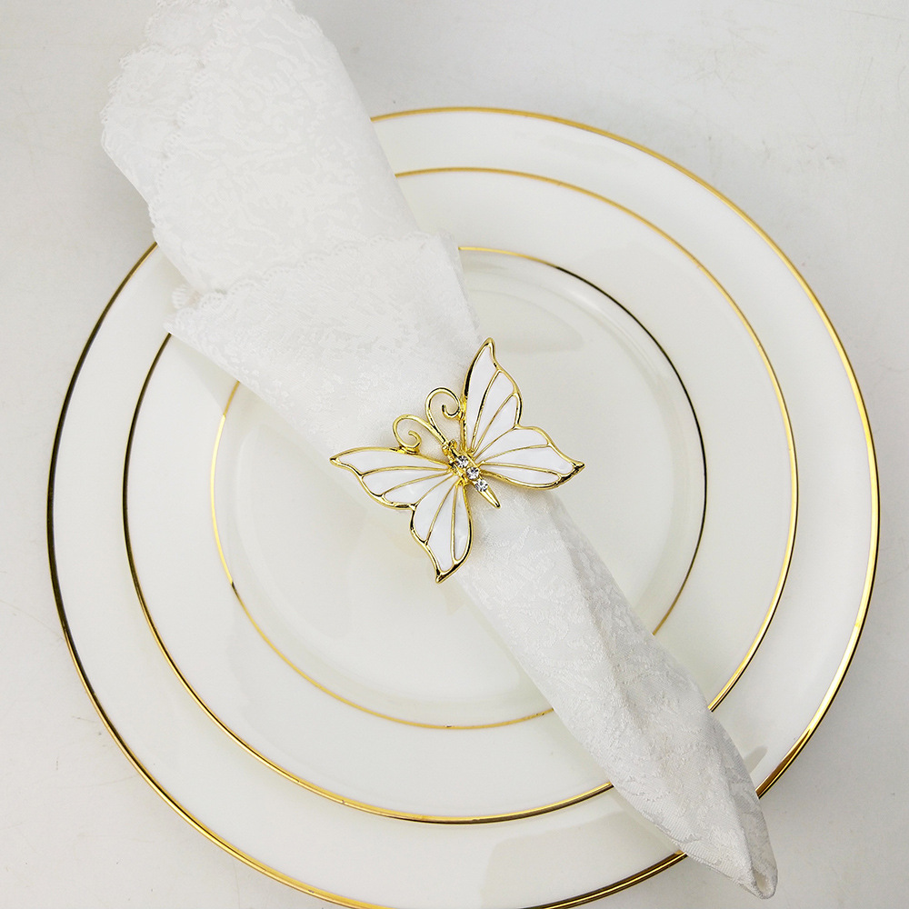 金色银色蝴蝶餐巾扣 滴胶镶钻蝴蝶餐巾环 春天白色金属口布圈