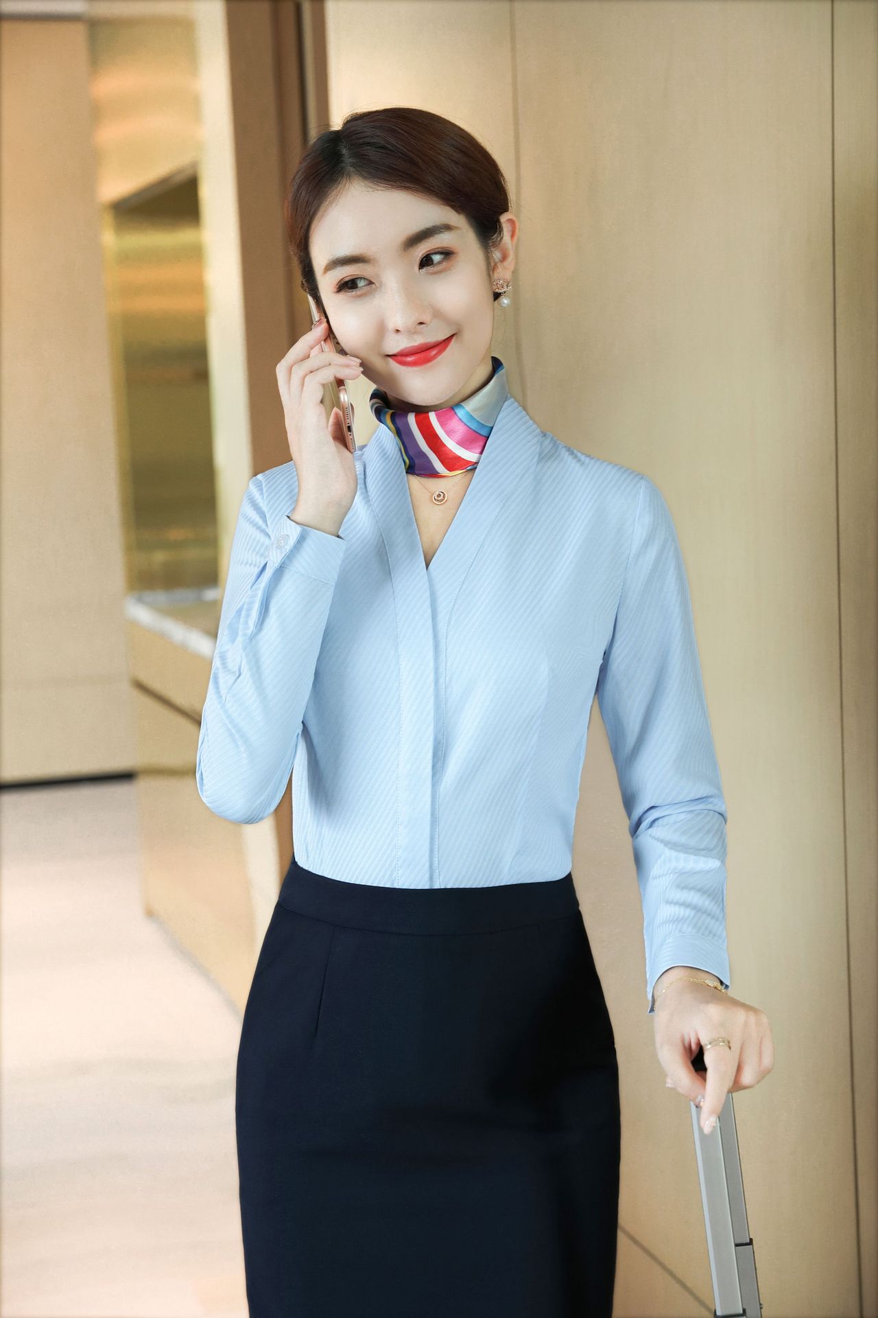 职业衬衫女长袖气质v领上衣空姐酒店前台会议接待工作服纯色衬衣