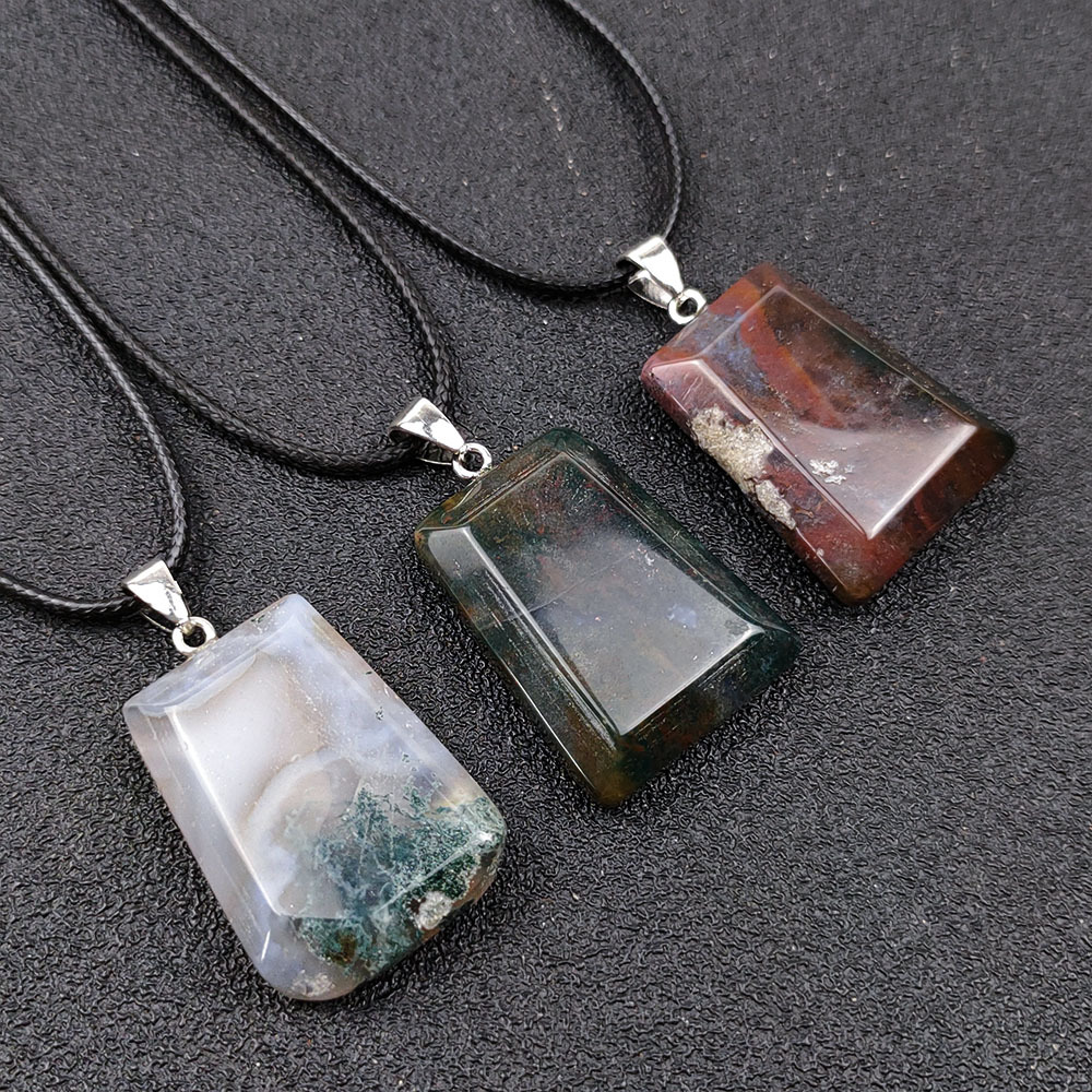 Natural Crystal Natural Stone Water Plants Agate Pendant Necklace Natural Color Trapezoidal Lucky Pendant Pendant Accessories European and American