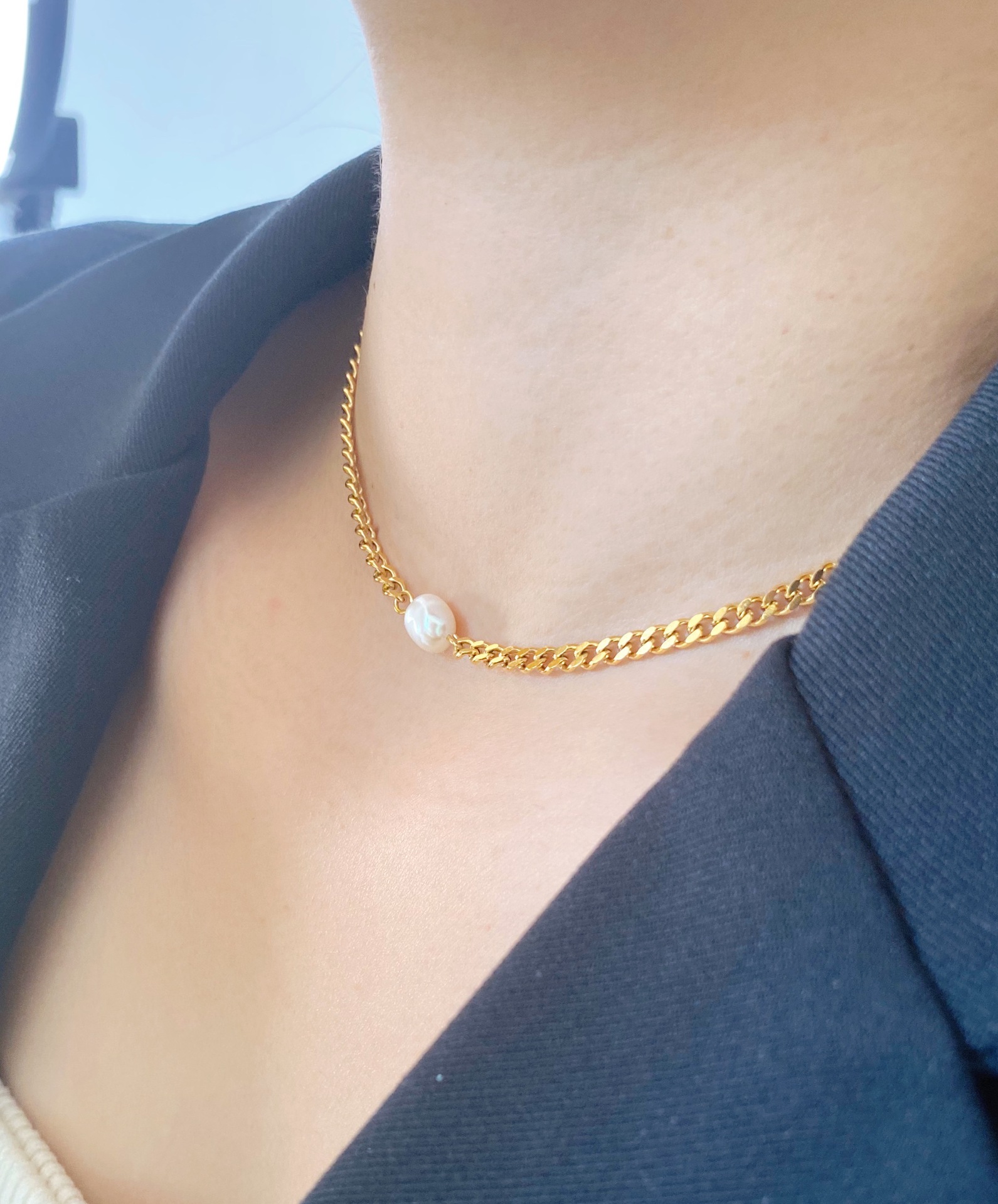 欢沐饰品 钛钢链条 脖子链 单颗一颗淡水珍珠简约 时髦 欧美项链
